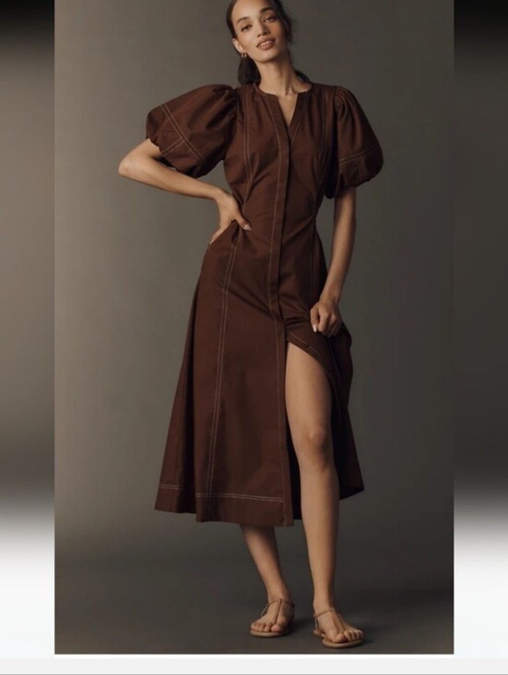 Exquise Stitched Puff-Sleeve Midi Dress
